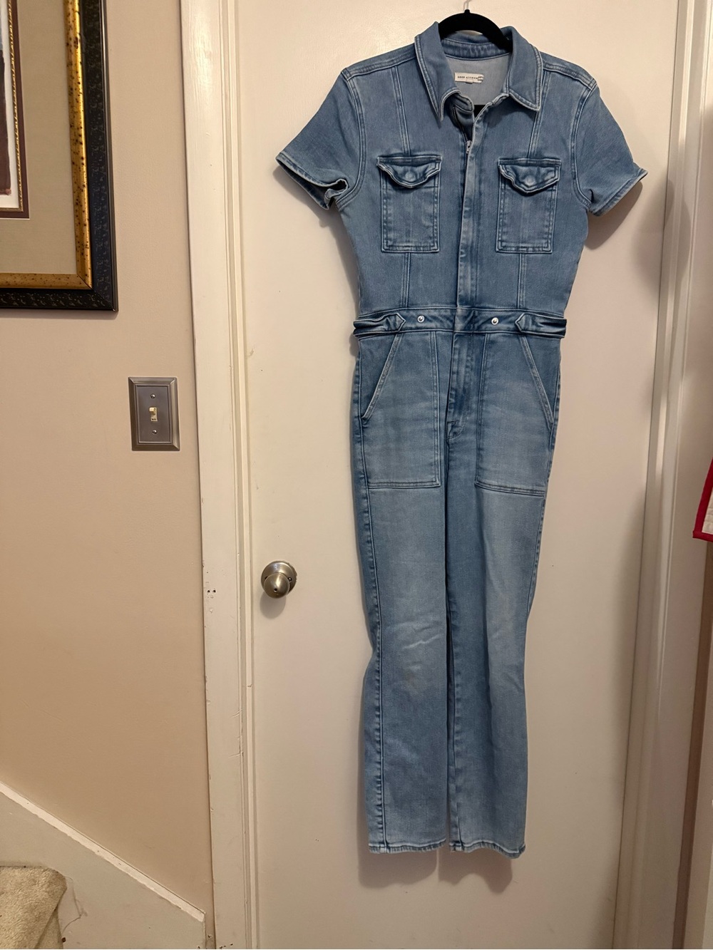 Good American Blue Short-Sleeve Denim Overalls Adjustable-waist Size 3/L